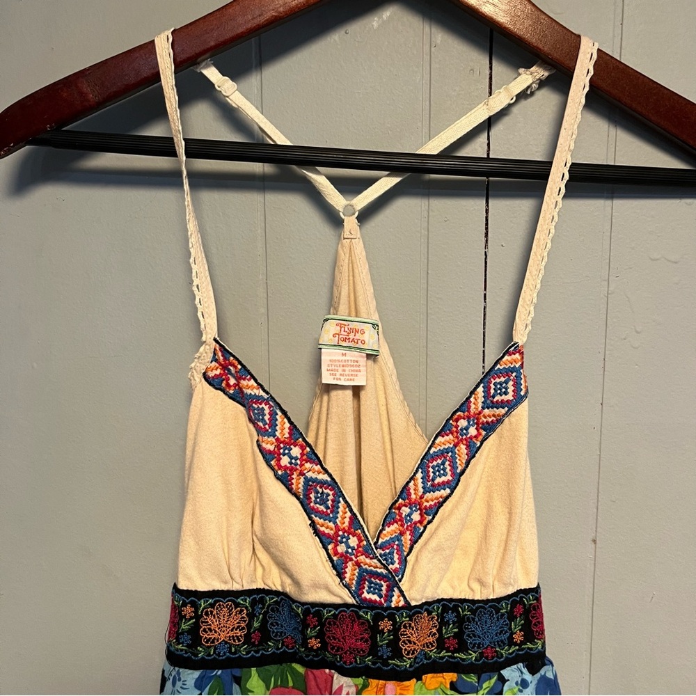 Y2K Flying Tomato Colorful Floral Embroidered Boho Babydoll Sundress Medium - Picture 2 of 12